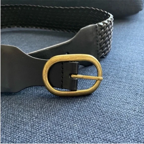 LOFT - XS black woven genuine leather wide belt with gold buckle. - Picture 5 of 13